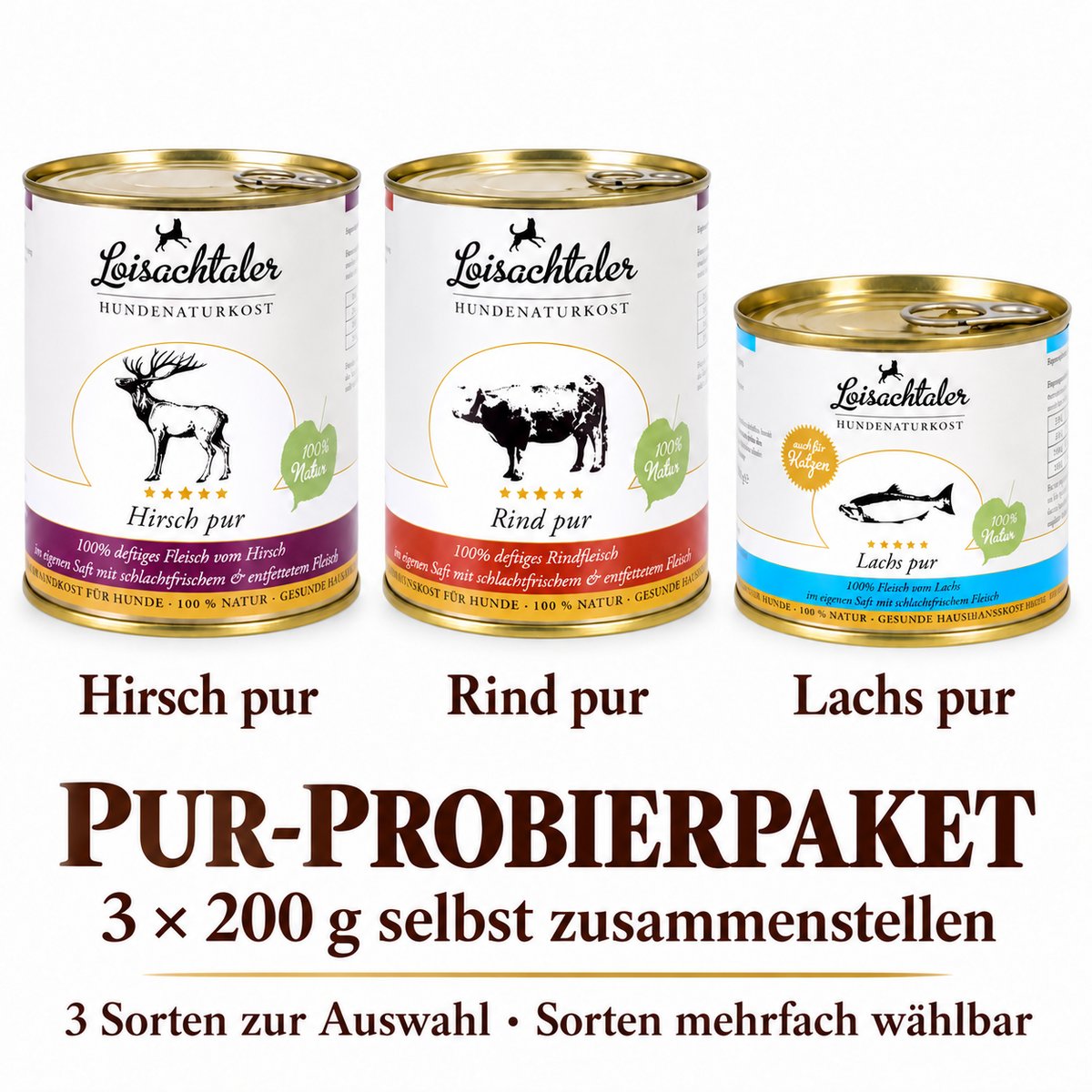 Pur-Probierpaket 3 × 200 g – Hirsch pur, Rind pur und Lachs pur; drei Dosen selbst zusammenstellen