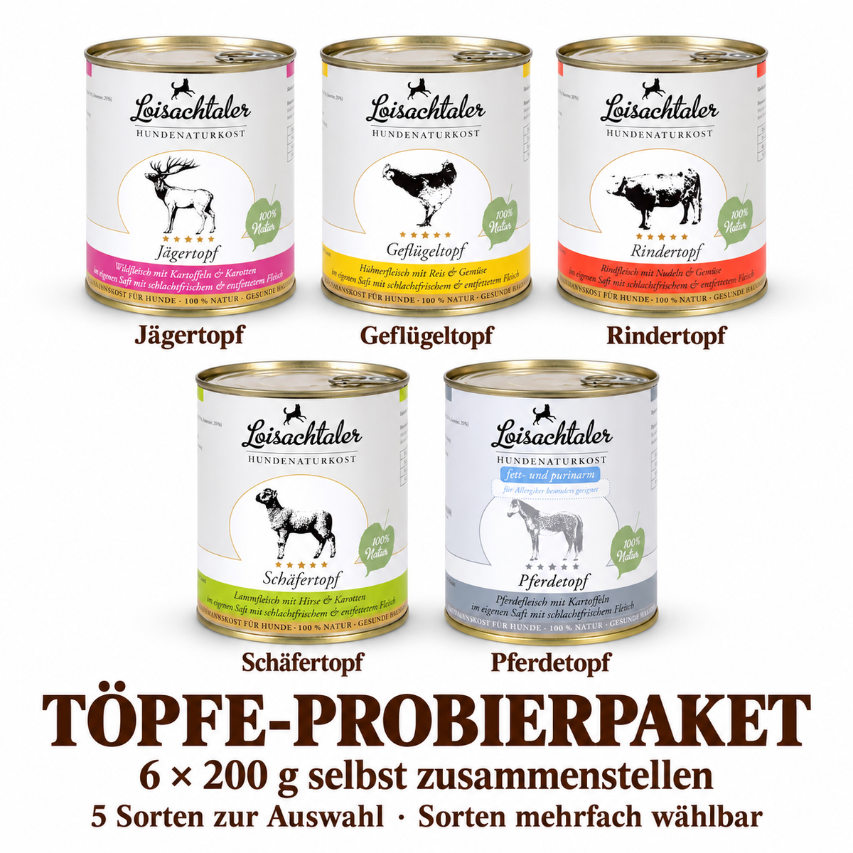 Fünf Topf-Sorten in 200 g zur Auswahl: Jäger, Geflügel, Rind, Schäfer, Pferd