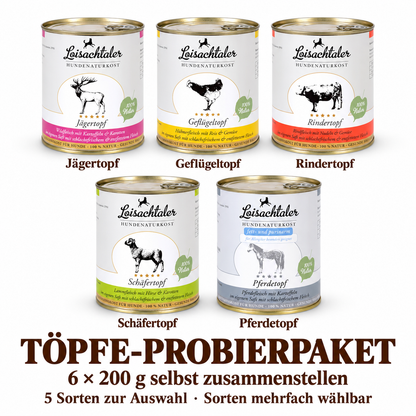 Fünf Topf-Sorten in 200 g zur Auswahl: Jäger, Geflügel, Rind, Schäfer, Pferd